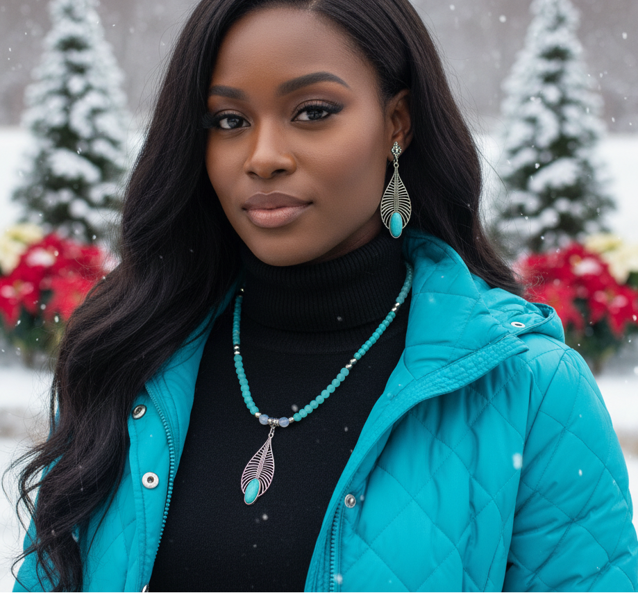 Fabulous Turquoise, Blue Crystal, Silver, and Magnesite, Semi-precious, Beaded Necklace Set - handcrafted by Artistry Jewelry