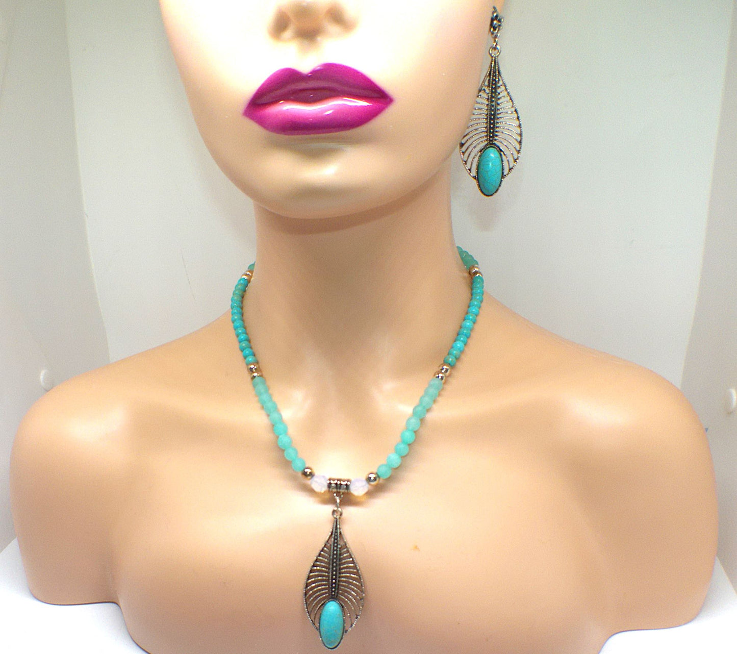 Fabulous Turquoise, Blue Crystal, Silver, and Magnesite, Semi-precious, Beaded Necklace Set - handcrafted by Artistry Jewelry