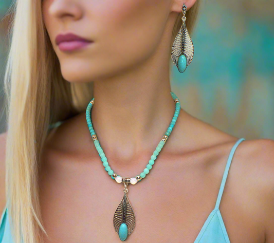 Fabulous Turquoise, Blue Crystal, Silver, and Magnesite, Semi-precious, Beaded Necklace Set - handcrafted by Artistry Jewelry