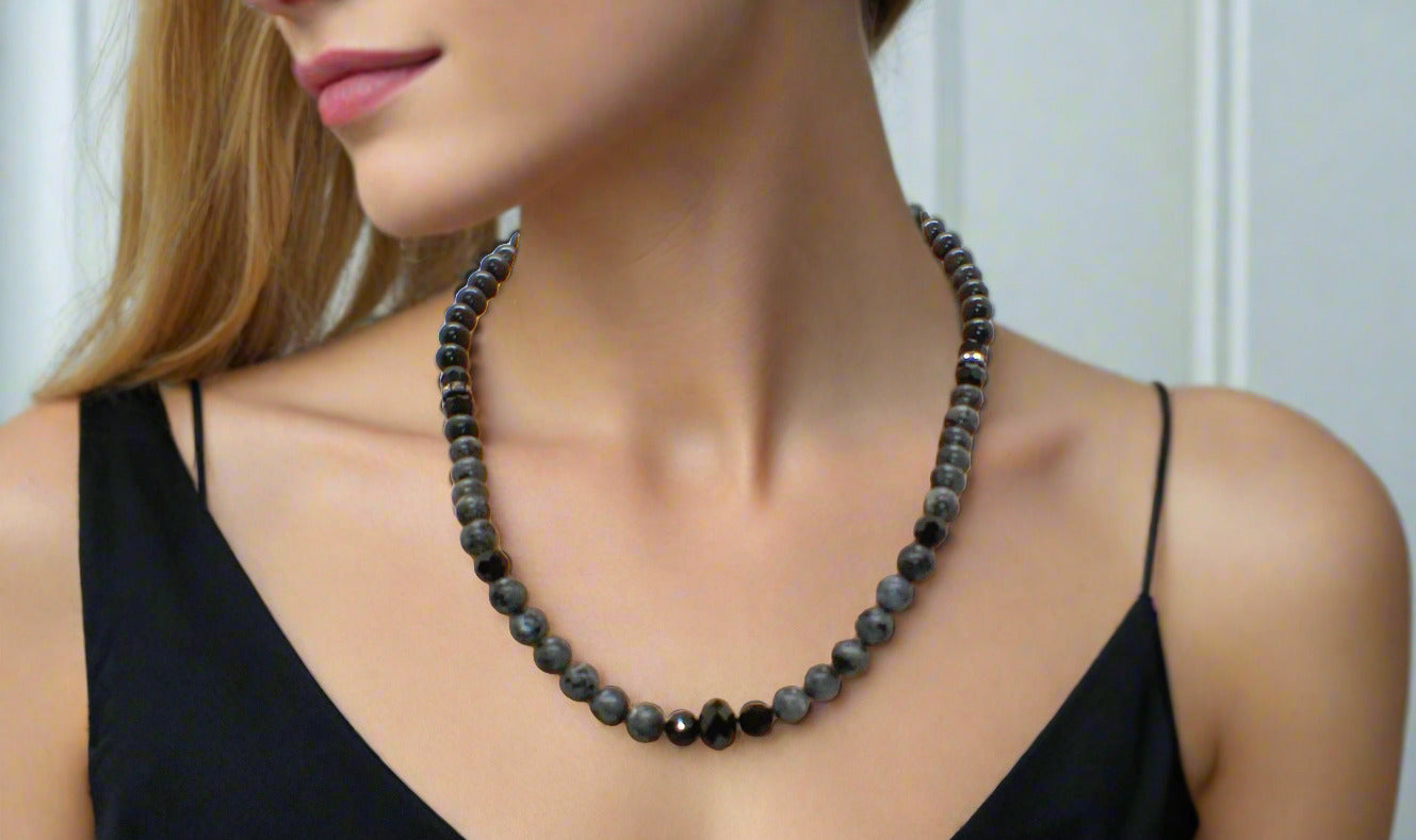 Gorgeous Natural Labradorite, Czech Crystal, Black Beads, One-of-a-Kind, Semi-precious Beaded Necklace - handcrafted by Artistry Jewelry
