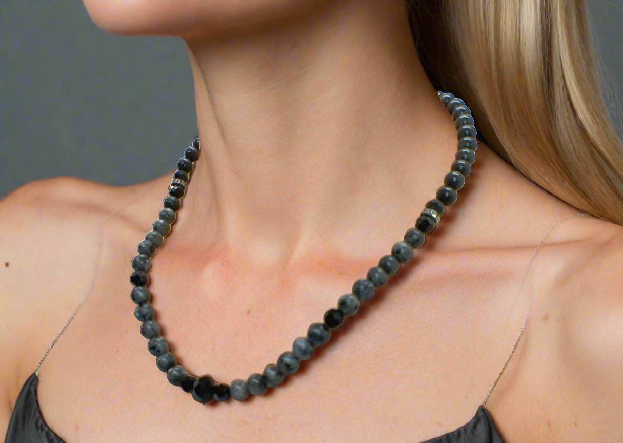 Gorgeous Natural Labradorite, Czech Crystal, Black Beads, One-of-a-Kind, Semi-precious Beaded Necklace - handcrafted by Artistry Jewelry