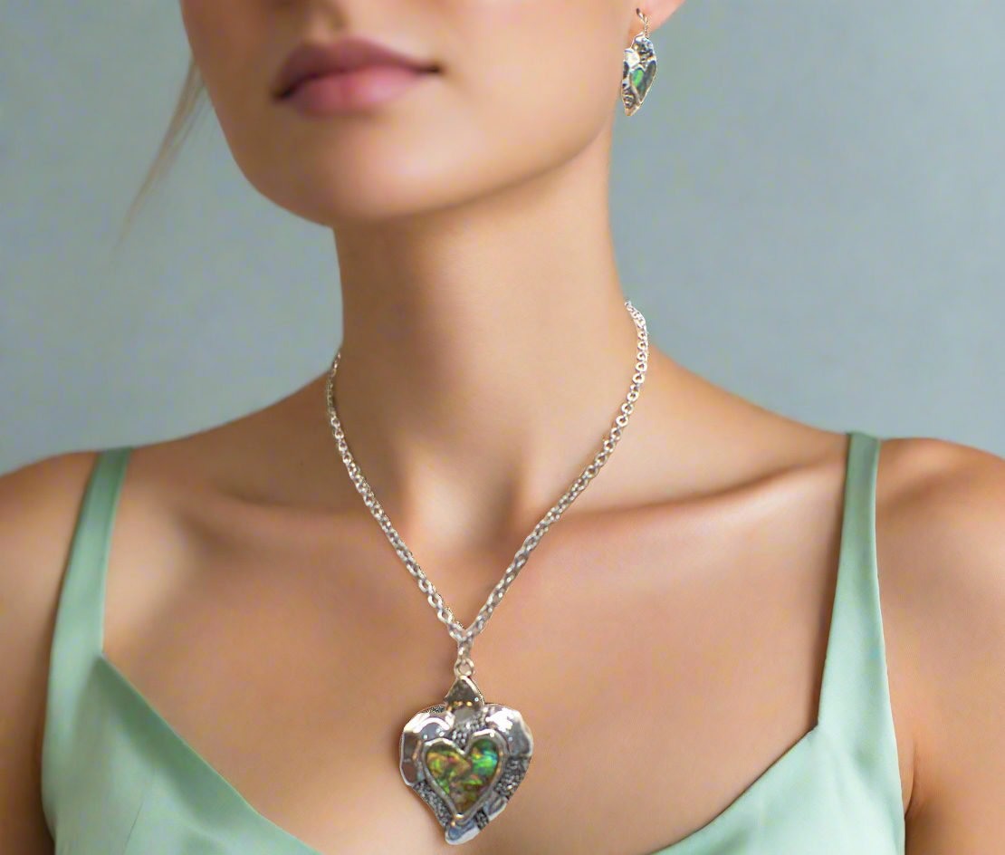 Lovely Abalone Heart Pendant, Silver Rolo Chain Necklace with Matching Earrings-by Artistry Jewelry