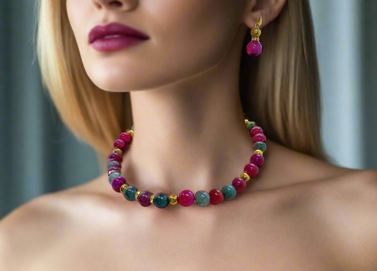 Stunning Natural Berry Tourmaline, Olive Quartz, and Gold Hematite, One-of-a-Kind, Beaded Necklace Set-handcrafted by Artistry Jewelry