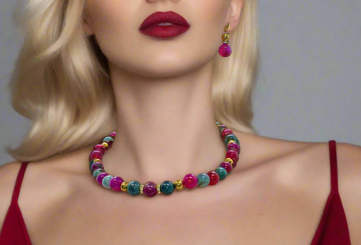 Stunning Natural Berry Tourmaline, Olive Quartz, and Gold Hematite, One-of-a-Kind, Beaded Necklace Set-handcrafted by Artistry Jewelry