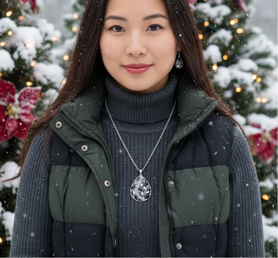 Beautiful Black, Silver, and Gray, Rhinestone, Teardrop, Double Chain Necklace Set- by Artistry Jewelry