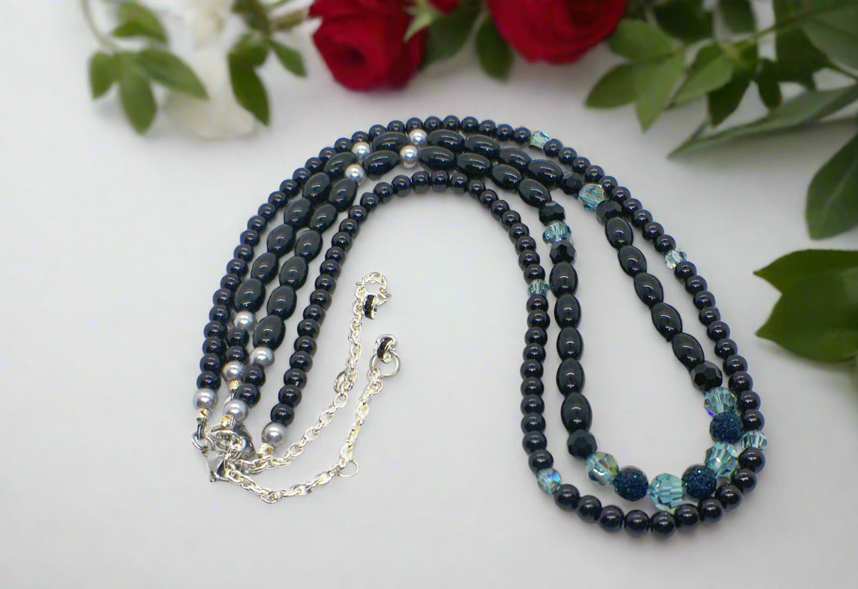 Stunning Sapphire Crystals, Black & Gray Pearl Beads, Dark BlueCzech PAVE Balls, Beaded Necklace - handcrafted by Artistry Jewelry