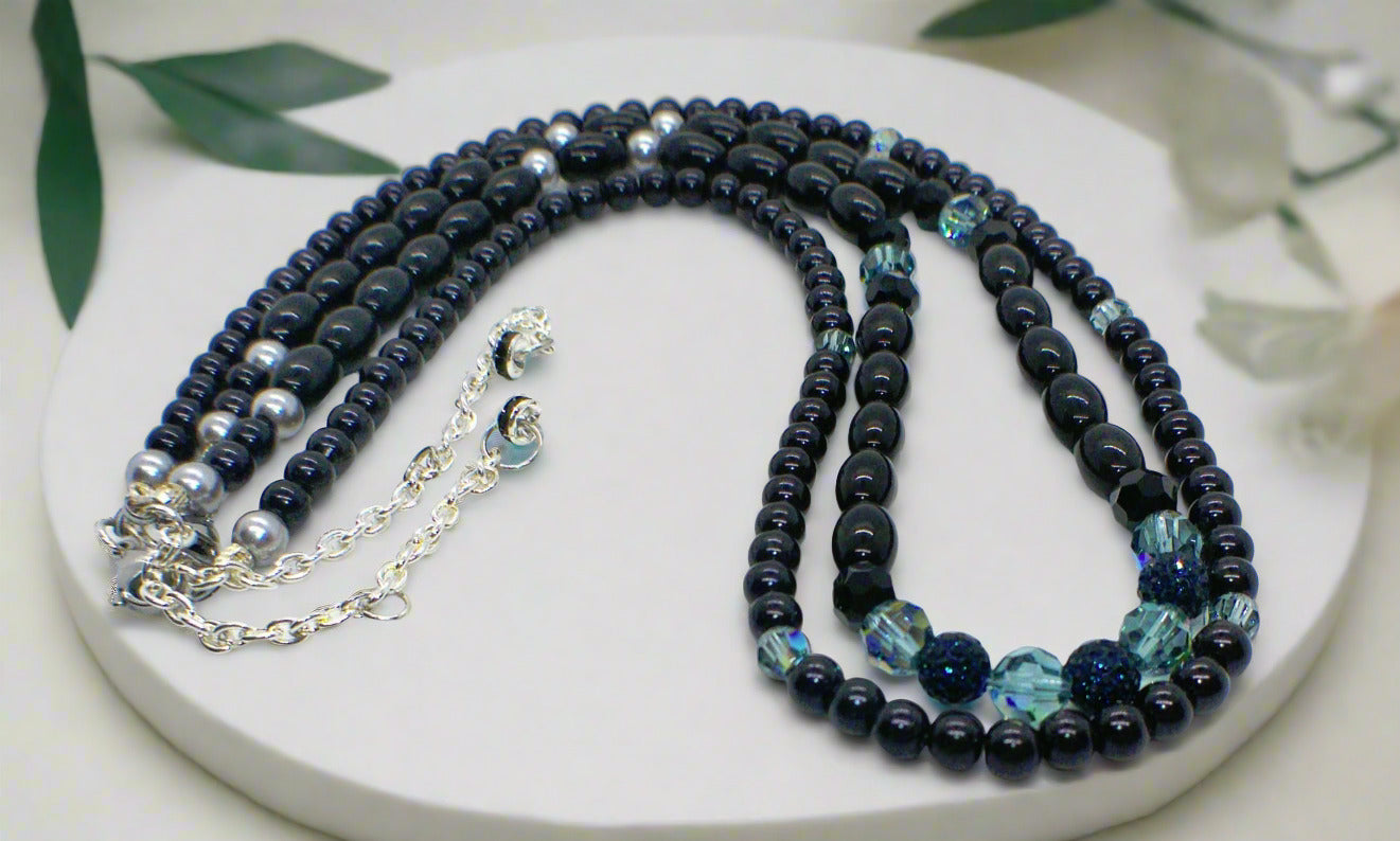 Stunning Sapphire Crystals, Black & Gray Pearl Beads, Dark BlueCzech PAVE Balls, Beaded Necklace - handcrafted by Artistry Jewelry