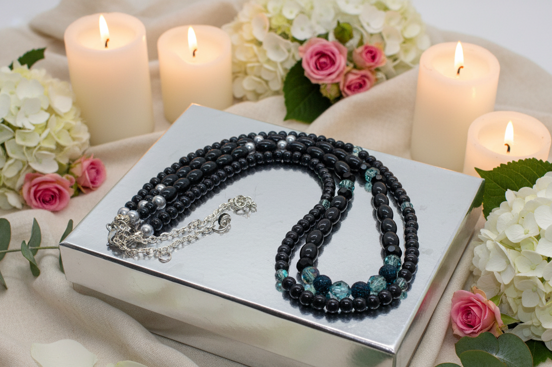Stunning Sapphire Crystals, Black & Gray Pearl Beads, Dark BlueCzech PAVE Balls, Beaded Necklace - handcrafted by Artistry Jewelry