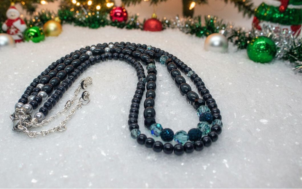Stunning Sapphire Crystals, Black & Gray Pearl Beads, Dark BlueCzech PAVE Balls, Beaded Necklace - handcrafted by Artistry Jewelry