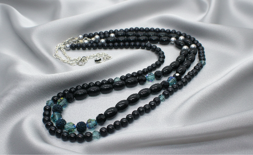 Stunning Sapphire Crystals, Black & Gray Pearl Beads, Dark BlueCzech PAVE Balls, Beaded Necklace - handcrafted by Artistry Jewelry