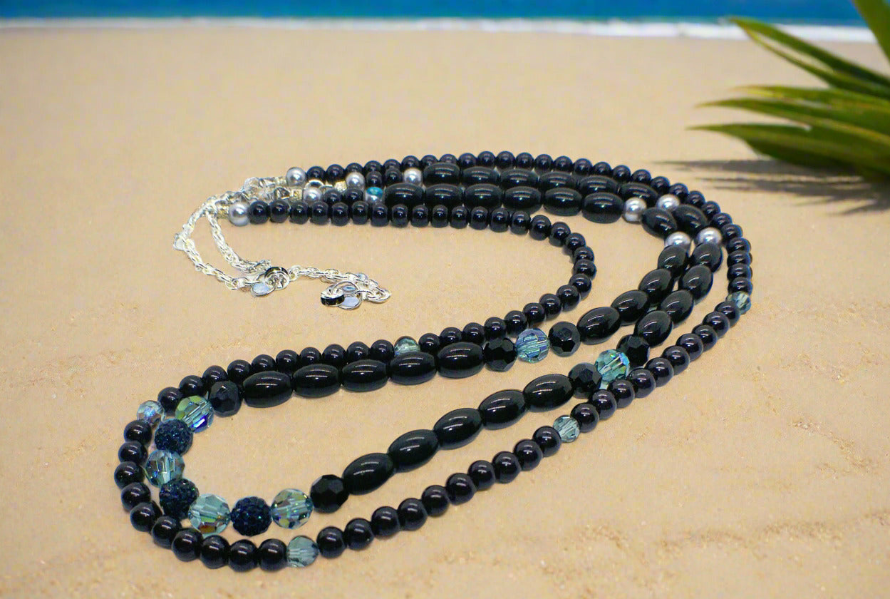Stunning Sapphire Crystals, Black & Gray Pearl Beads, Dark BlueCzech PAVE Balls, Beaded Necklace - handcrafted by Artistry Jewelry