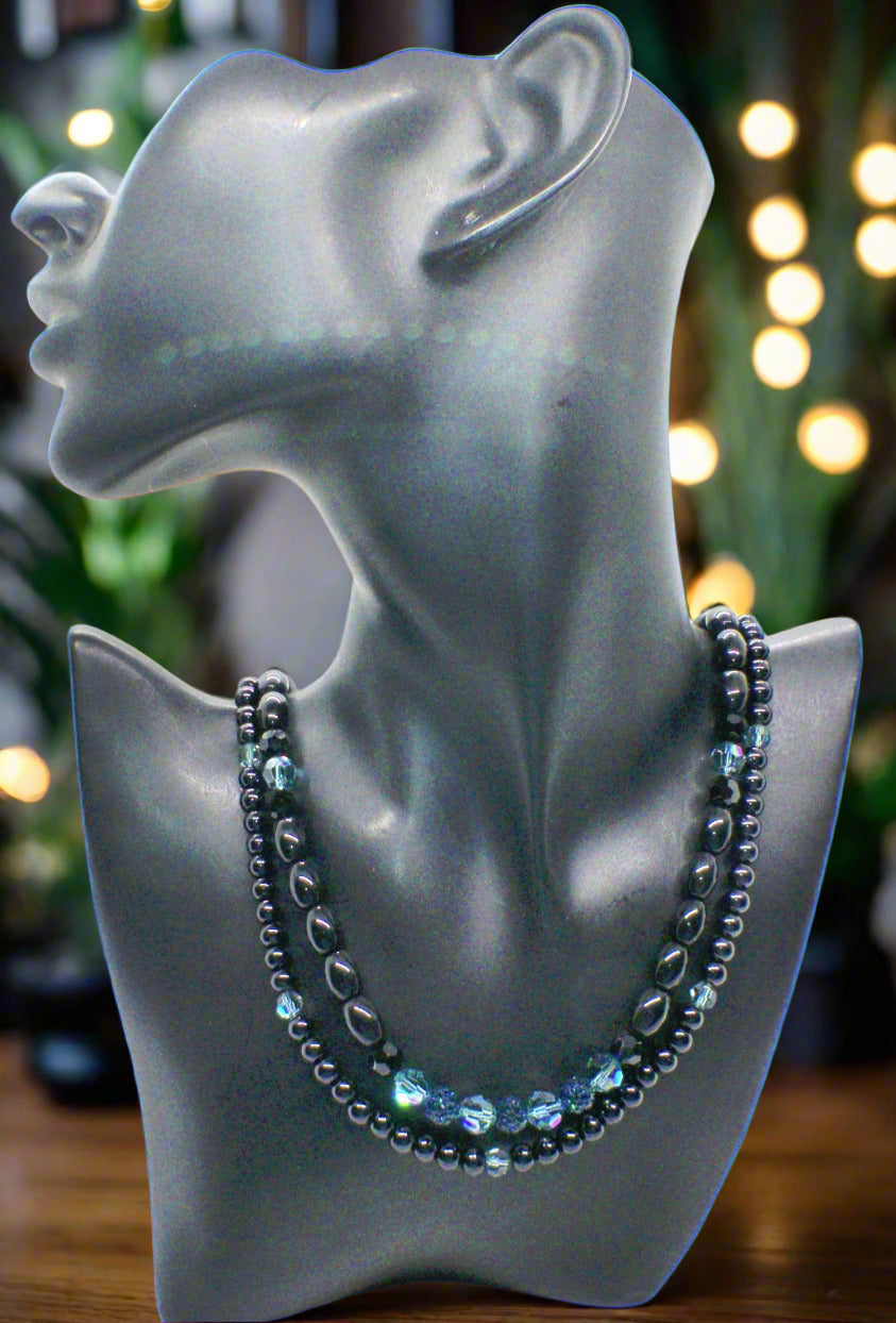 Stunning Sapphire Crystals, Black & Gray Pearl Beads, Dark BlueCzech PAVE Balls, Beaded Necklace - handcrafted by Artistry Jewelry