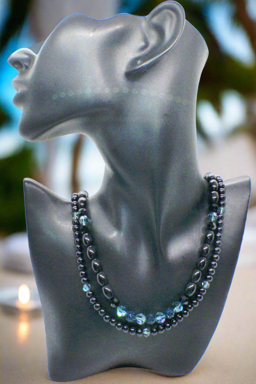 Stunning Sapphire Crystals, Black & Gray Pearl Beads, Dark BlueCzech PAVE Balls, Beaded Necklace - handcrafted by Artistry Jewelry