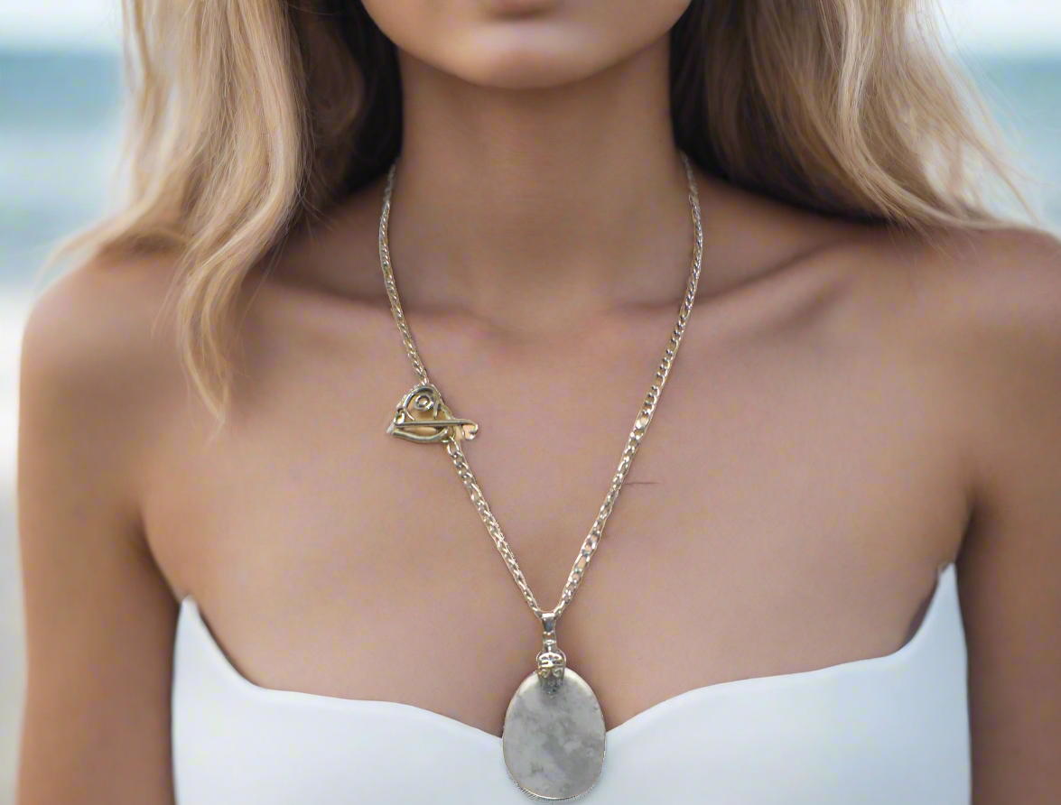 Lovely Howlite Pendant, Figaro Stainless Steel Chain Necklace-by Artistry Jewelry