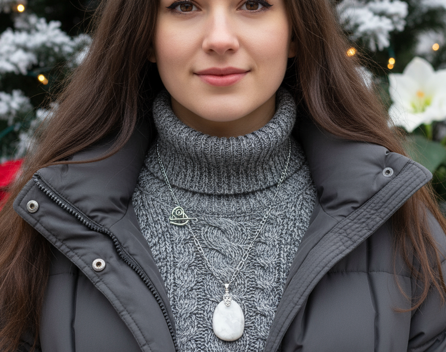 Lovely Howlite Pendant, Figaro Stainless Steel Chain Necklace-by Artistry Jewelry