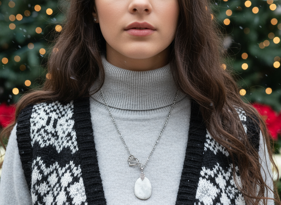 Lovely Howlite Pendant, Figaro Stainless Steel Chain Necklace-by Artistry Jewelry