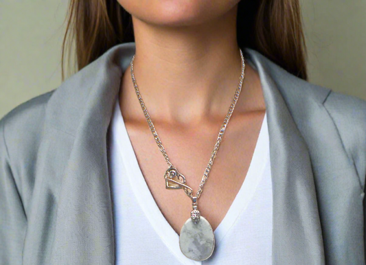 Lovely Howlite Pendant, Figaro Stainless Steel Chain Necklace-by Artistry Jewelry