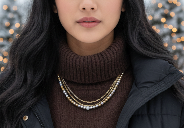 Gorgeous Handcrafted Two-Strand Silver and Gold Hematite and Chain Necklace with Cubic Zirconia Focal, Silver and Gold Tones- handcrafted by Artistry Jewelry