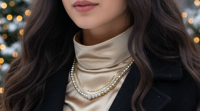 Gorgeous Handcrafted Two-Strand Silver and Gold Hematite and Chain Necklace with Cubic Zirconia Focal, Silver and Gold Tones- handcrafted by Artistry Jewelry