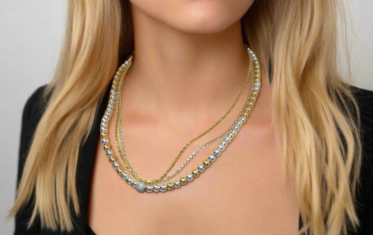 Gorgeous Handcrafted Two-Strand Silver and Gold Hematite and Chain Necklace with Cubic Zirconia Focal, Silver and Gold Tones- handcrafted by Artistry Jewelry
