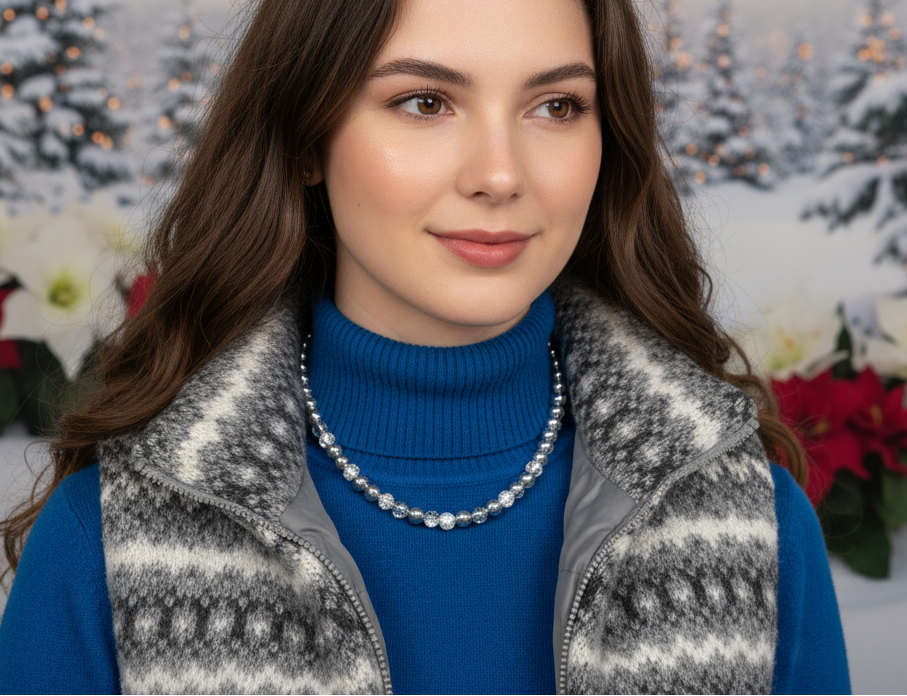 Beautiful Snow Cracked Crystal Beads and SP Hematite, Beaded Necklace Set-crafted by Artistry Jewelry