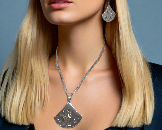 Stunning Silver Pendant, Rhinestones, and Silver Stainless Steel Chain Necklace Set, One-of-a-Kind, Created by Artistry Jewelry