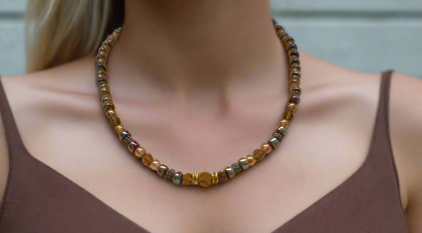 Amazing Crystal and Druk Brown Beaded,  One-of-a-Kind,  Necklace *handcrafted by Artistry Jewelry*