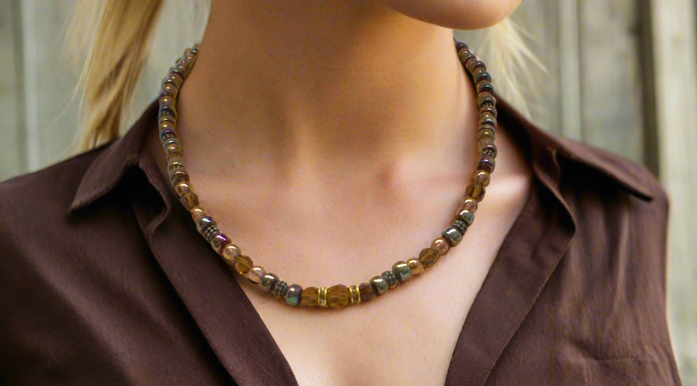 Amazing Crystal and Druk Brown Beaded,  One-of-a-Kind,  Necklace *handcrafted by Artistry Jewelry*
