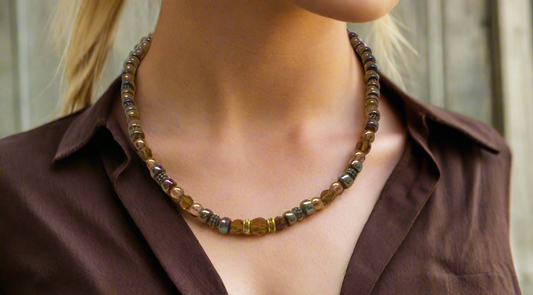 Amazing Crystal and Druk Brown Beaded,  One-of-a-Kind,  Necklace *handcrafted by Artistry Jewelry*