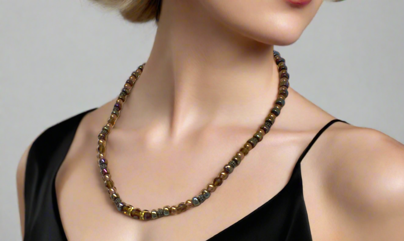 Amazing Crystal and Druk Brown Beaded,  One-of-a-Kind,  Necklace *handcrafted by Artistry Jewelry*