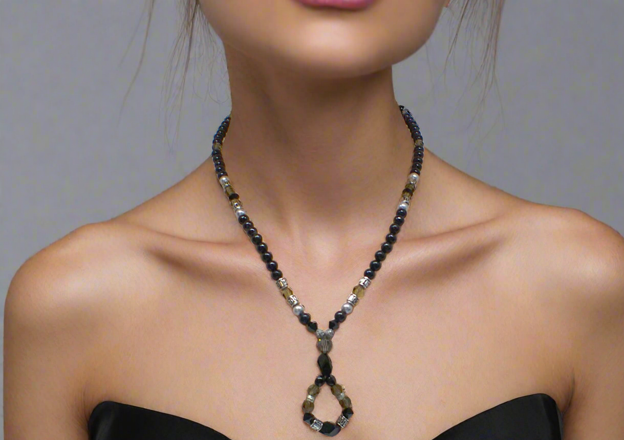 Stunning Black Onyx, Black Diamond Crystals, and Black Pearl beads, Beaded Necklace A, One-of-a-Kind, handcrafted by Artistry Jewelry