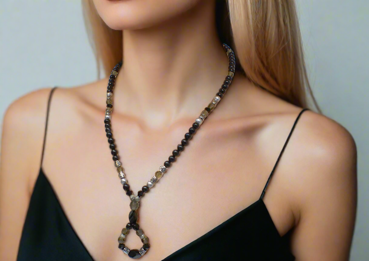 Stunning Black Onyx, Black Diamond Crystals, and Black Pearl beads, Beaded Necklace A, One-of-a-Kind, handcrafted by Artistry Jewelry