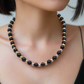 Flaunting Silver Hematite and Black Satin Pearl Beaded Necklace - handcrafted by Artistry Jewelry