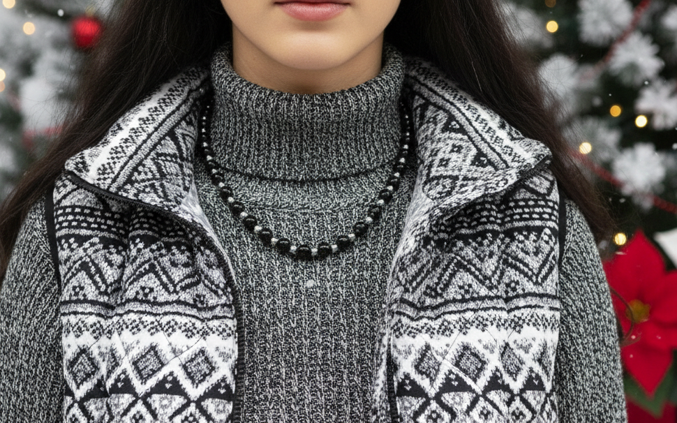 Flaunting Silver Hematite and Black Satin Pearl Beaded Necklace - handcrafted by Artistry Jewelry
