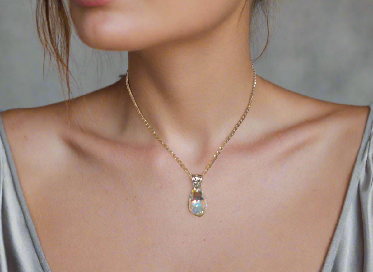 A  Beautiful Teardrop Crystal and Stainless Steel Chain Necklace, One-of-a-Kind-handcrafted by Artistry Jewelry