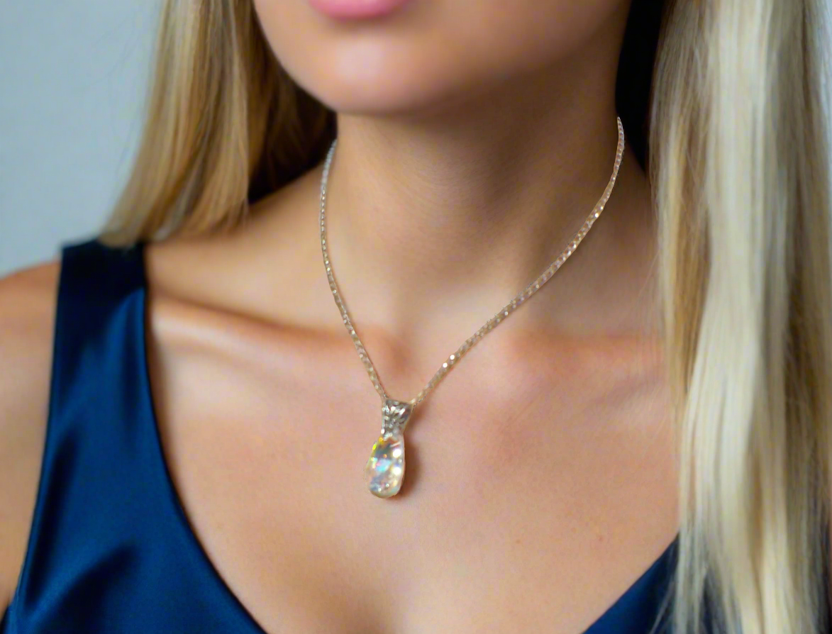 A  Beautiful Teardrop Crystal and Stainless Steel Chain Necklace, One-of-a-Kind-handcrafted by Artistry Jewelry