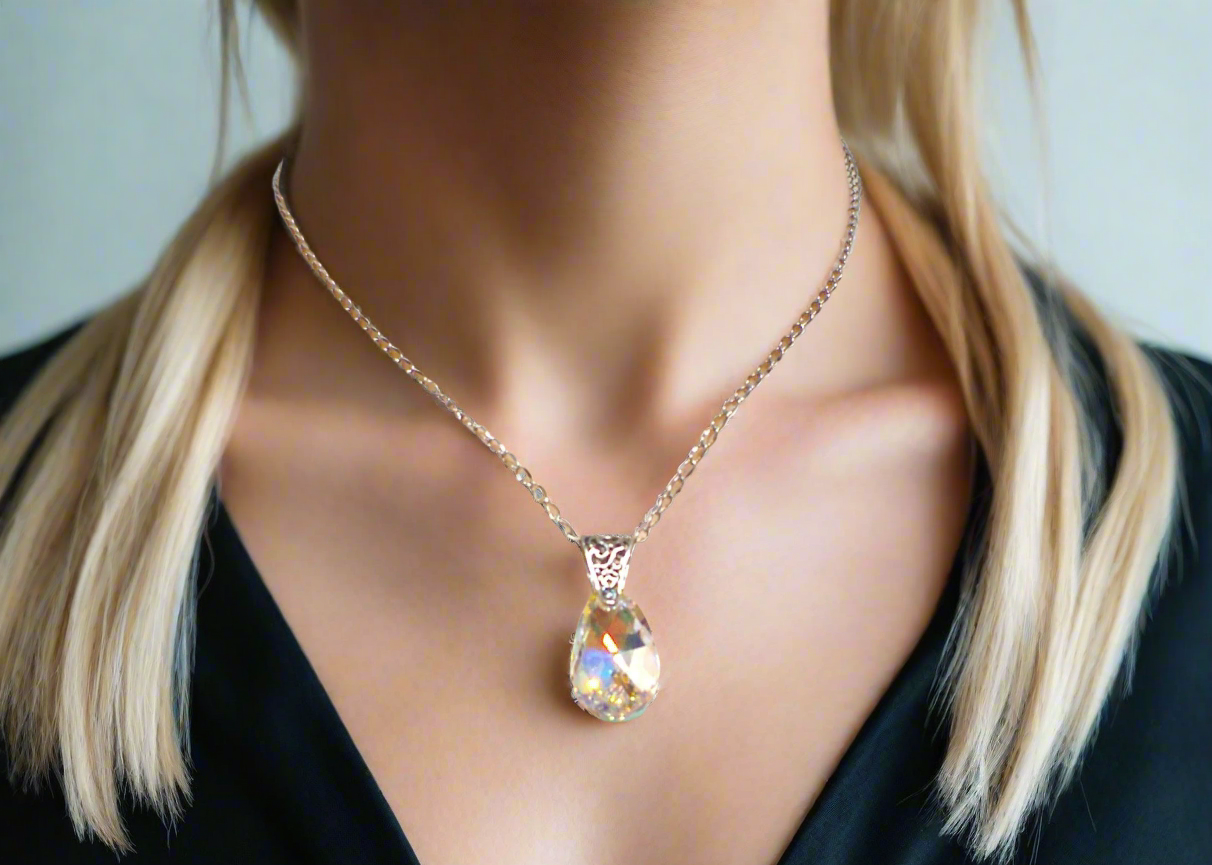 A  Beautiful Teardrop Crystal and Stainless Steel Chain Necklace, One-of-a-Kind-handcrafted by Artistry Jewelry