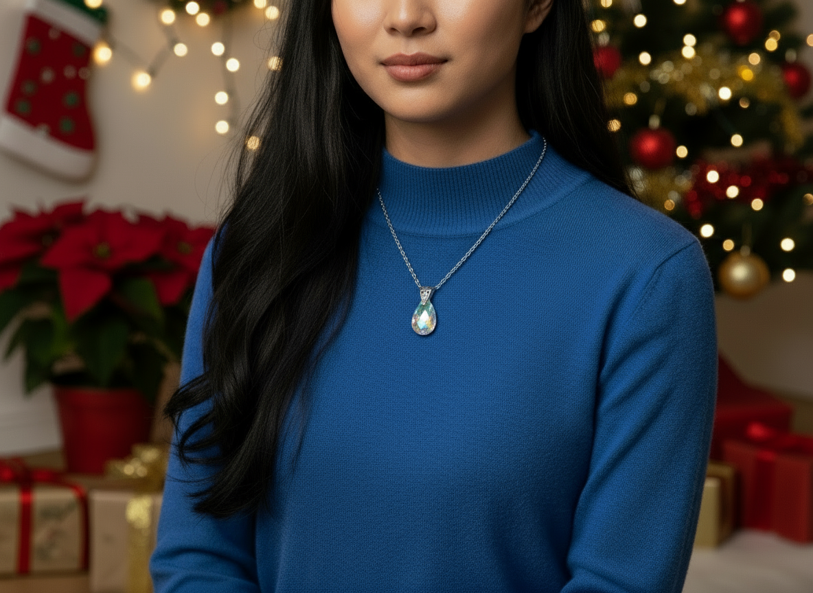 A  Beautiful Teardrop Crystal and Stainless Steel Chain Necklace, One-of-a-Kind-handcrafted by Artistry Jewelry