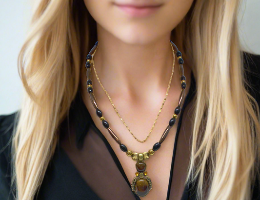 Charming Vintage Brown and Antique Gold Romance Beaded, and Chain Necklace Set with Hematite, One-of-a-Kind - handcrafted by Artistry Jewelry