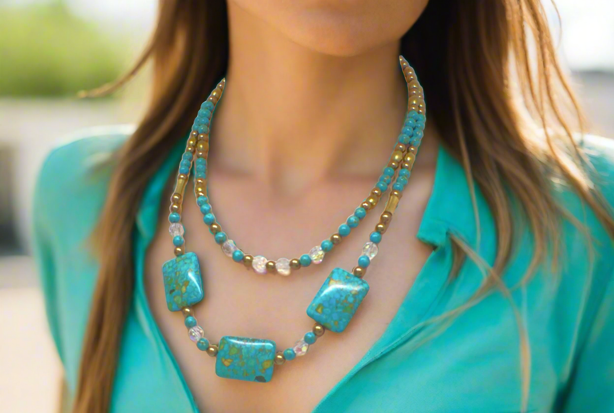 Lovely Blue Mosaic Turquoise, and Austrian Crystal, Two-strand, Forever Beaded Necklace-crafted by Artistry Jewelry