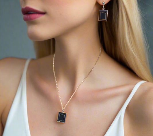 Exciting Silver and Black, Geo, Stainless Steel Chain Necklace Set- by Artistry Jewelry