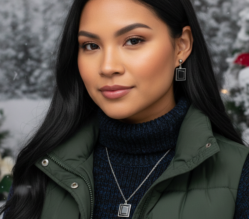 Exciting Silver and Black, Geo, Stainless Steel Chain Necklace Set- by Artistry Jewelry