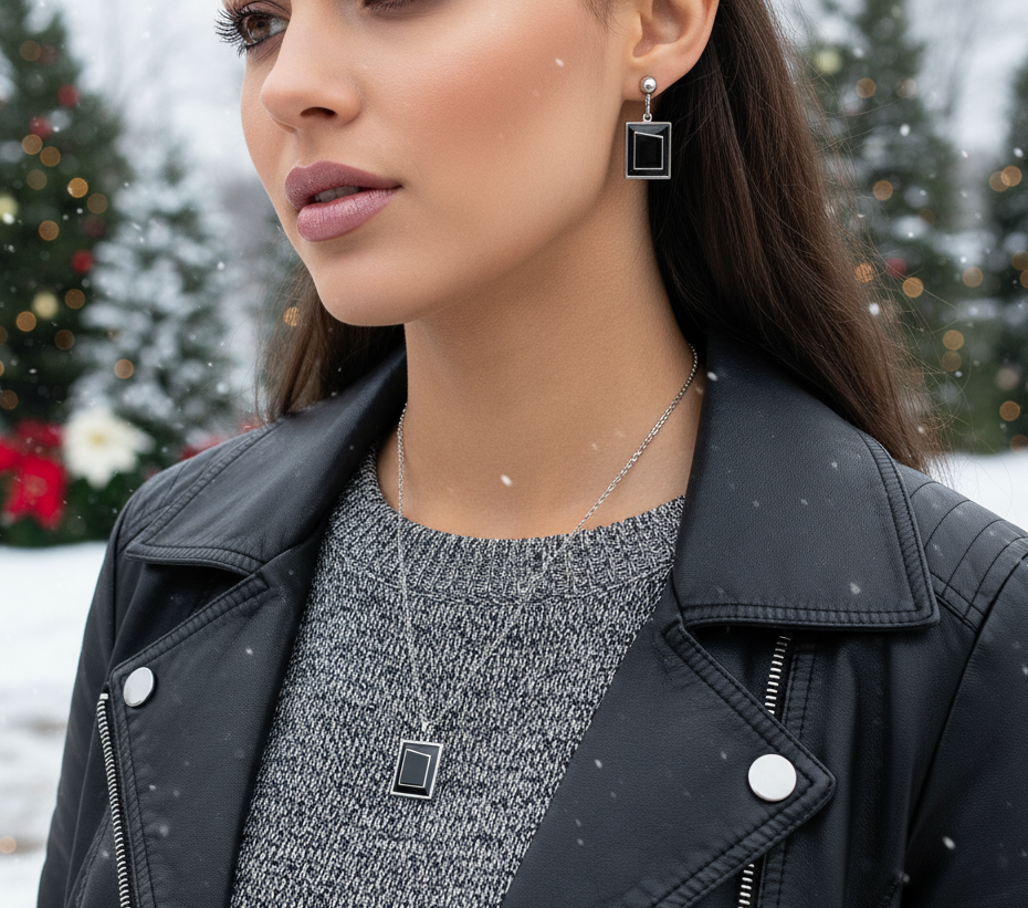 Exciting Silver and Black, Geo, Stainless Steel Chain Necklace Set- by Artistry Jewelry