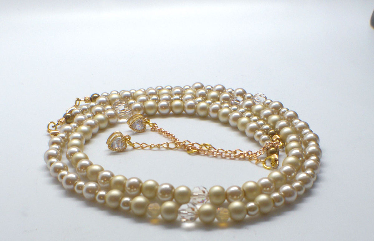 Radiant Crystal and Beige Matt Beads, Two-strand Beaded Necklace