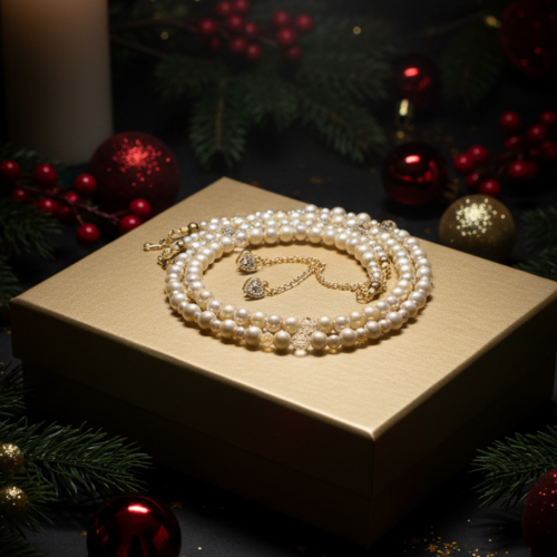 Radiant Crystal and Beige Matt Beads, Two-strand Beaded Necklace