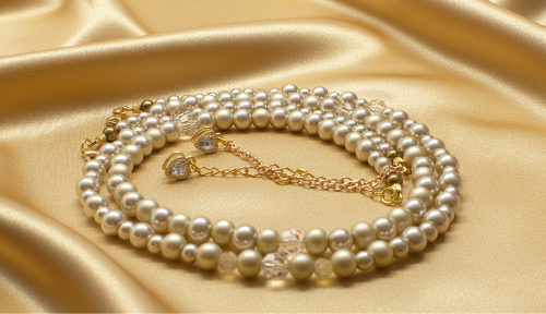 Radiant Crystal and Beige Matt Beads, Two-strand Beaded Necklace