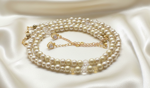 Radiant Crystal and Beige Matt Beads, Two-strand Beaded Necklace