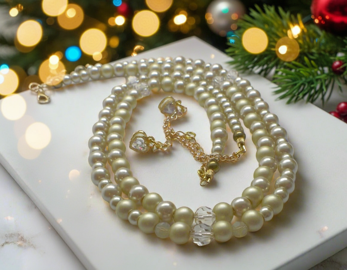 Radiant Crystal and Beige Matt Beads, Two-strand Beaded Necklace