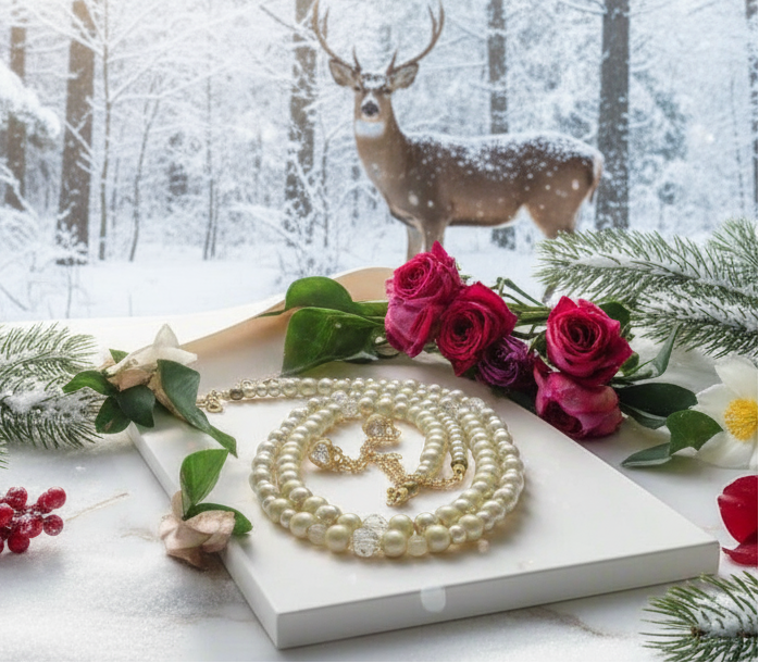 Radiant Crystal and Beige Matt Beads, Two-strand Beaded Necklace