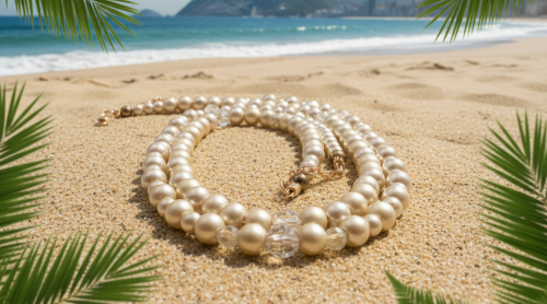 Radiant Crystal and Beige Matt Beads, Two-strand Beaded Necklace